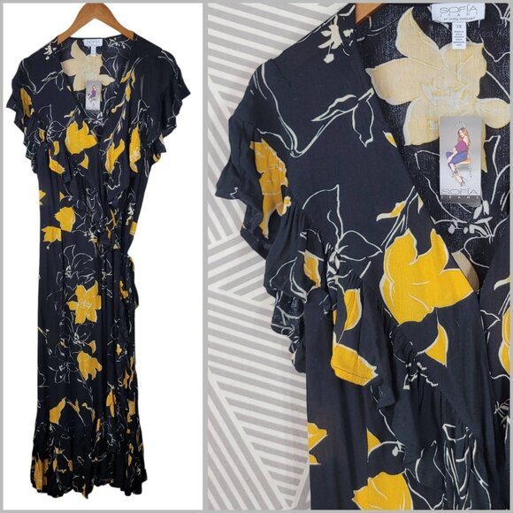 New Sofia Wrap Dress Maxi Ruffle trim Plus 3X Floral Black Yellow Long Tie Waist - Picture 1 of 11